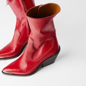 Zara real leather cowboy red boots